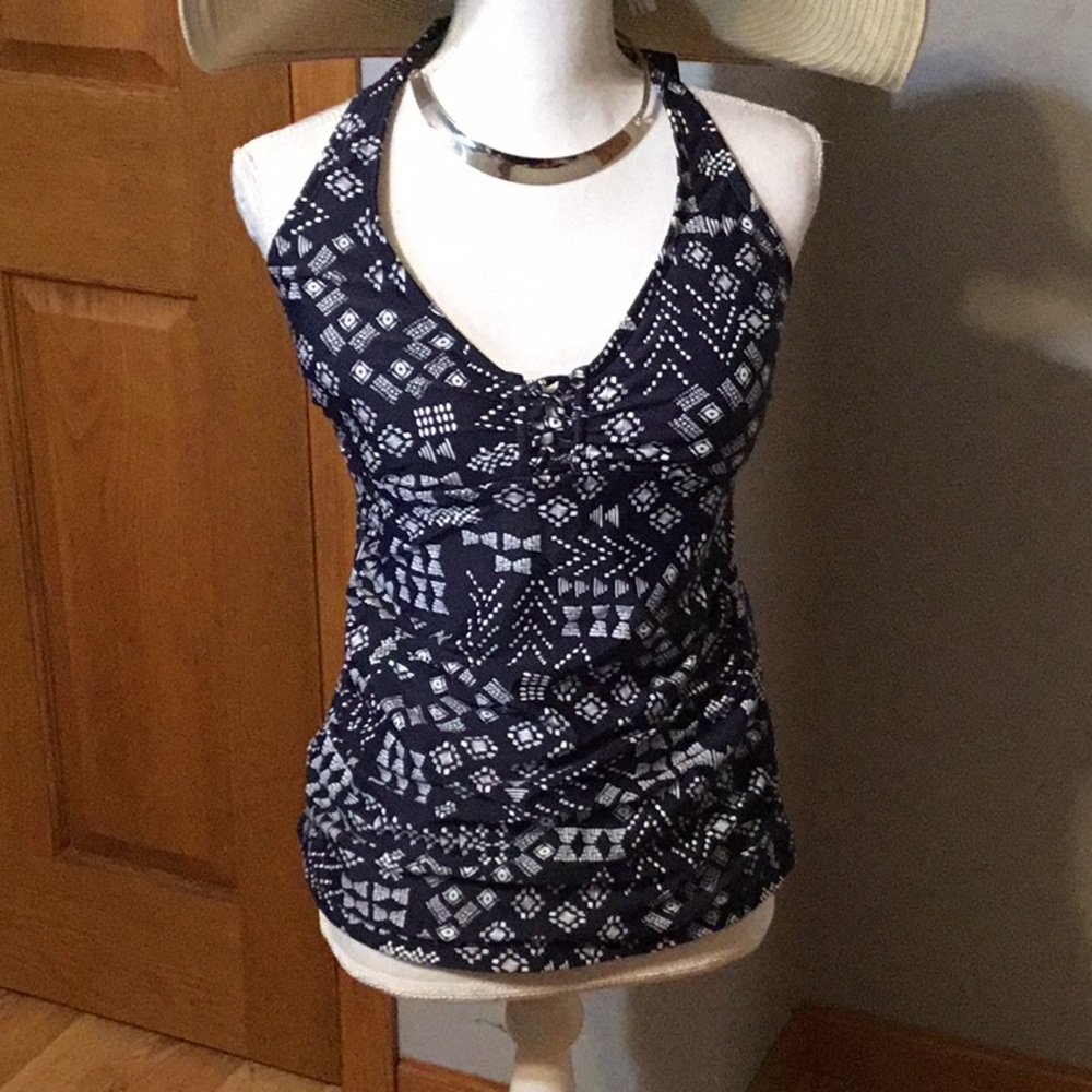 Tankini swim top, sz M, blue and white